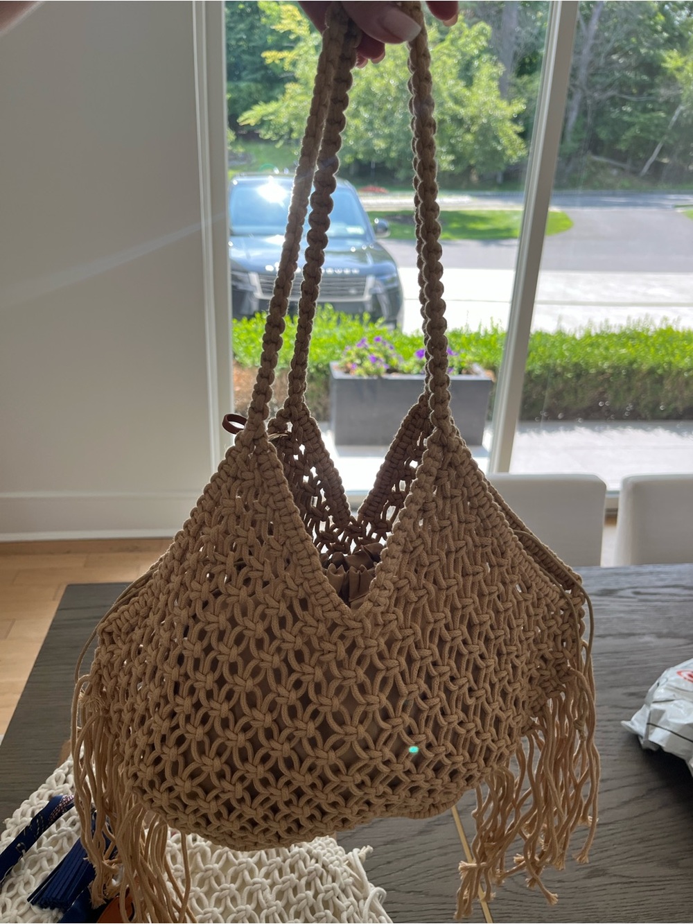 Woven Fringe Straw Tote Bag in Tan - Picture 3 of 3